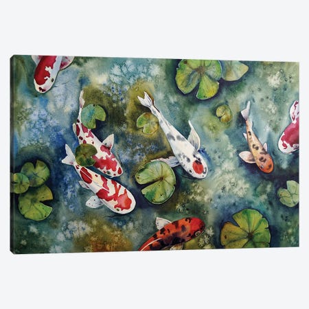 Koi Fish And Water Lilies Leaves Canvas Print #DER39} by Delnara El Canvas Art