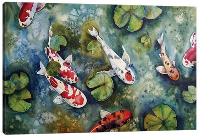 Koi Fish And Water Lilies Leaves Canvas Art Print - Delnara El