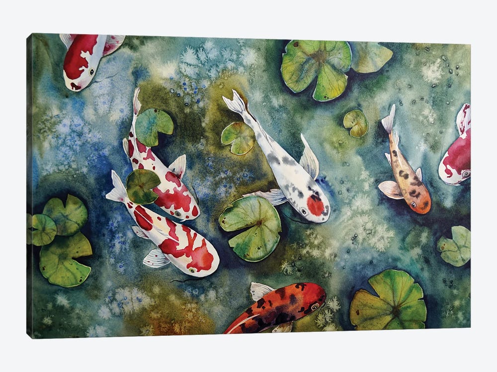 Koi Fish And Water Lilies Leaves by Delnara El 1-piece Canvas Art Print