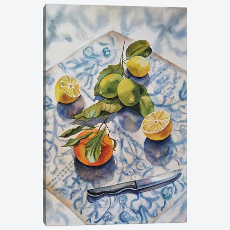 Lemons Orange And Knife Canvas Print #DER41} by Delnara El Art Print