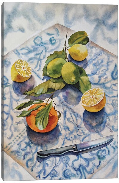 Lemons Orange And Knife Canvas Art Print - Delnara El
