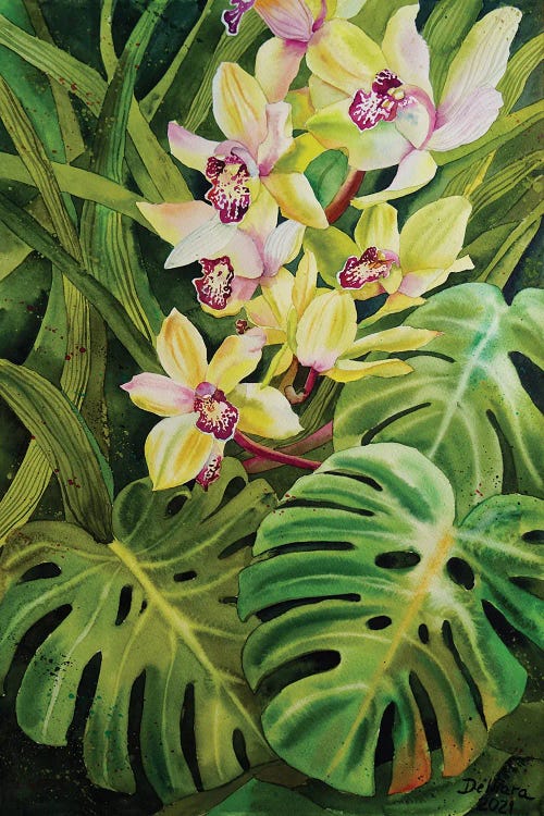 Orchid Flowers And Monstera Leaves by Delnara El wall art