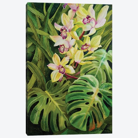 Orchid Flowers And Monstera Leaves Canvas Print #DER54} by Delnara El Canvas Art Print