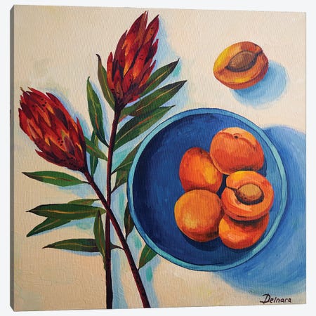 Protea Flowers And Apricots On Blue Plate Canvas Print #DER60} by Delnara El Canvas Art Print