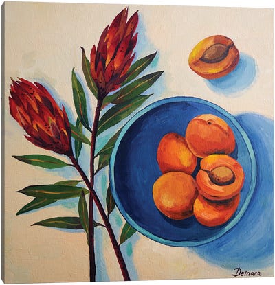 Protea Flowers And Apricots On Blue Plate Canvas Art Print - Protea