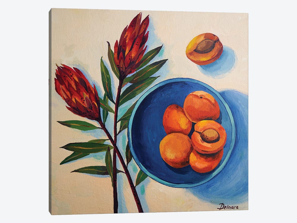 Protea Flowers And Apricots On Blue Plate by Delnara El 1-piece Art Print