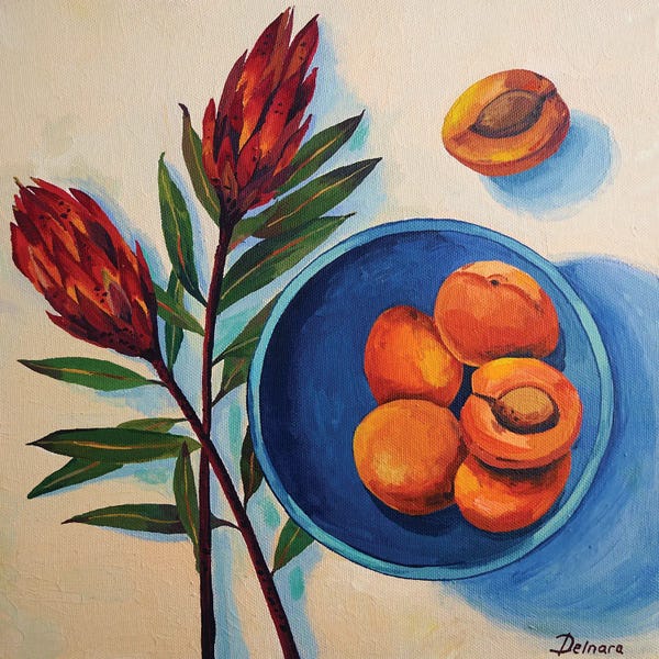 Protea: Protea Flowers And Apricots On Blue Plate by Delnara El