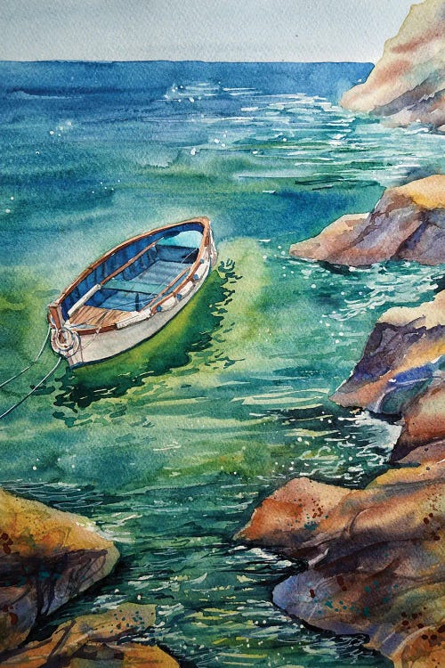 Boat In A Picturesque Bay by Delnara El wall art