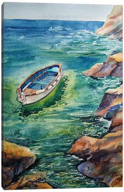 Boat In A Picturesque Bay Canvas Art Print - Delnara El