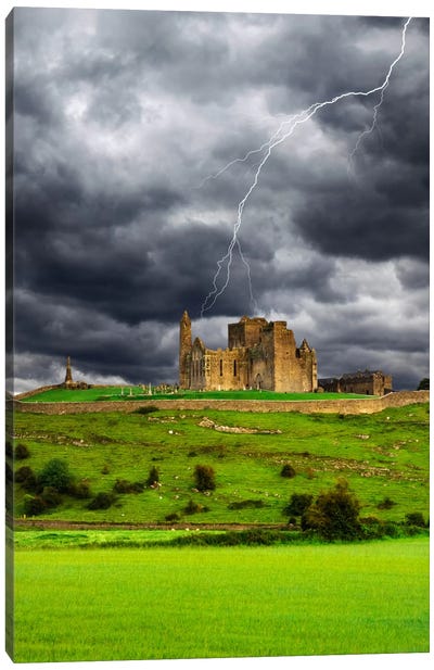 Lightning Bolt Over Rock Of Cashel, County Tipperary, Munster Province, Republic Of Ireland Canvas Art Print - Ireland Art