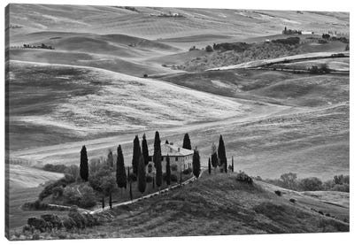 Countryside Landscape In B&W, San Quirico d'Orcia, Siena Province, Tuscany Region, Italy Canvas Art Print