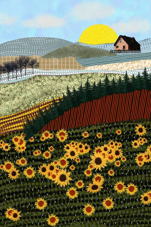 House On The Hill With Sunflowers