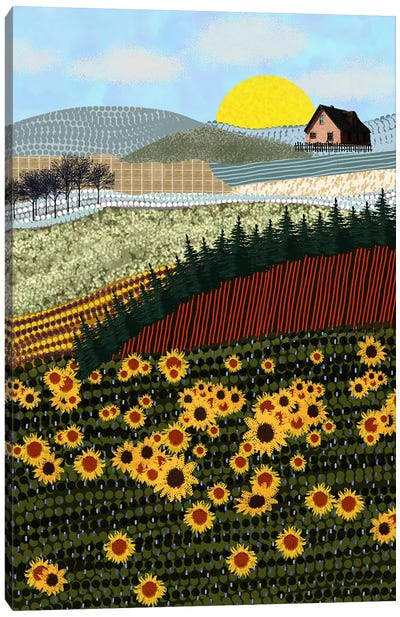House On The Hill With Sunflowers Canvas Art Print - Darla Ferrara