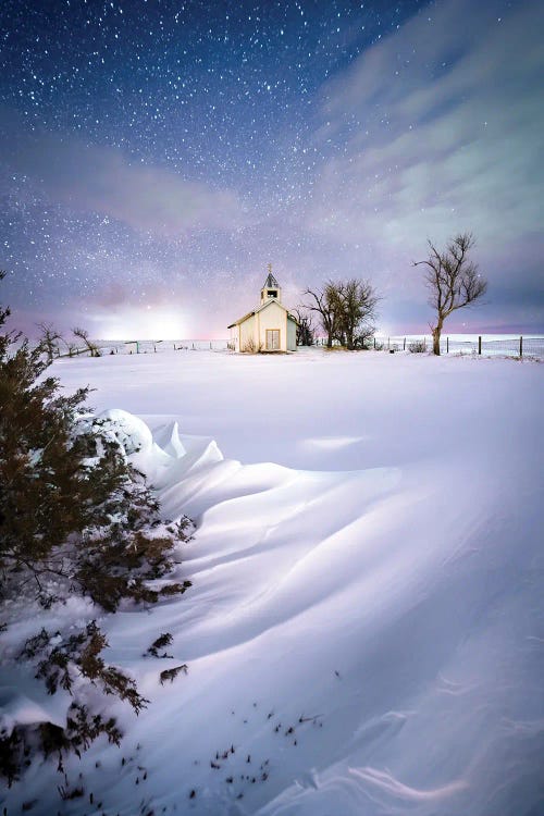 Daniel Forster: Winter Nightscape Of Old Church On Colorado Eastern Plains by Daniel Forster