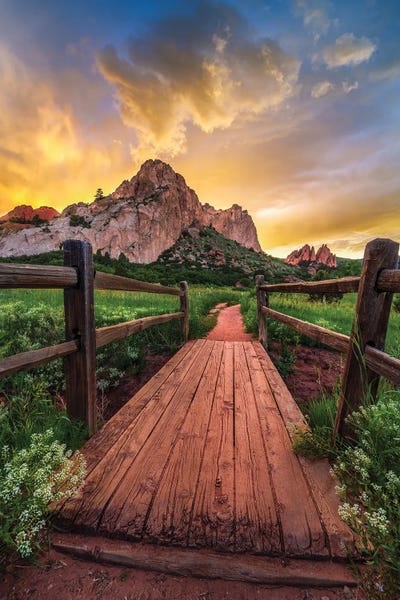 Sunset Sky Over Old Bridge In Garden Of The Gods Park, Colorado Springs