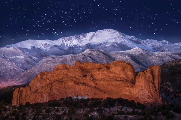 Starry Night Sky Over Pikes Peak And Garden Of The Gods In Colorado
