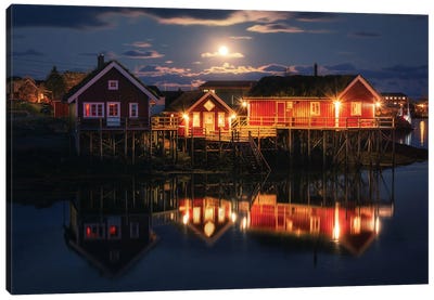 Norwegian Red Cabins During Blue Hour Canvas Art Print - Cabins