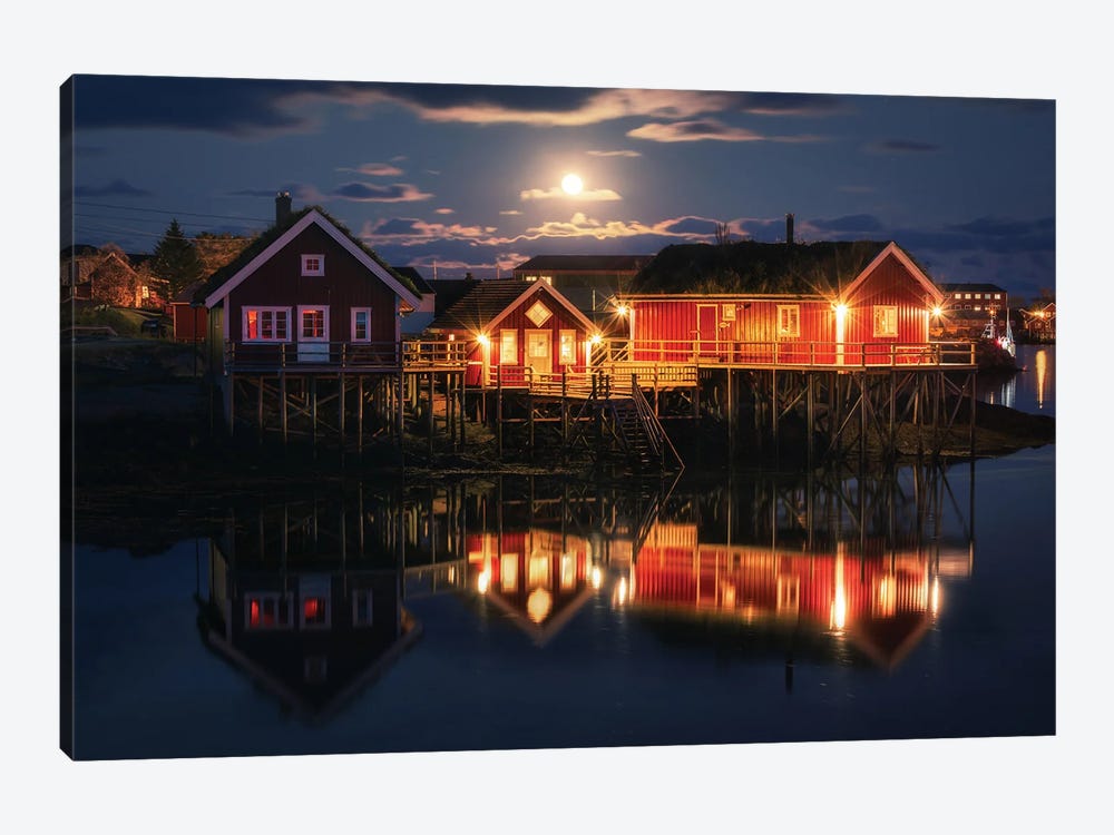 Norwegian Red Cabins During Blue Hour by Daniel Gastager 1-piece Canvas Print