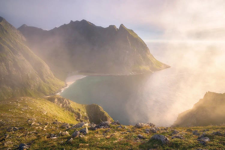 Misty Golden View On The Lofoten Islands