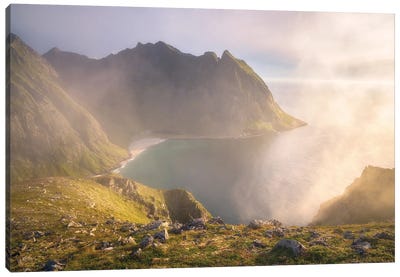 Misty Golden View On The Lofoten Islands Canvas Art Print - Lofoten