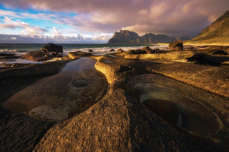 Golden Sunlight Afte The Rain At Uttakleiv Beach