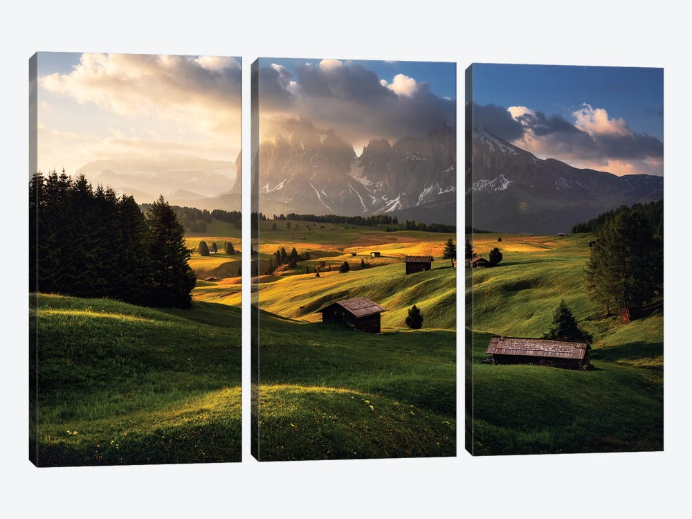 Spring Sunrise At Alpe Di Suisi In The Dolomites by Daniel Gastager 3-piece Canvas Wall Art