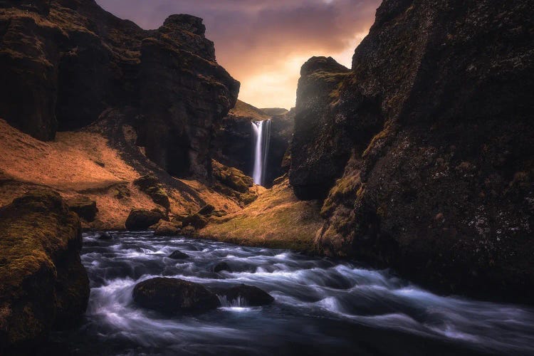 Sunrise At A Hidden Waterfall In Iceland