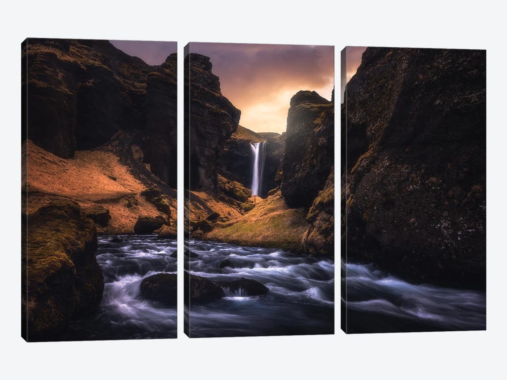 Sunrise At A Hidden Waterfall In Iceland by Daniel Gastager 3-piece Canvas Art Print