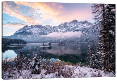 A Cold Winter Sunrise In The German Alps Canvas Art Print - Mountain Sunrise & Sunset Art