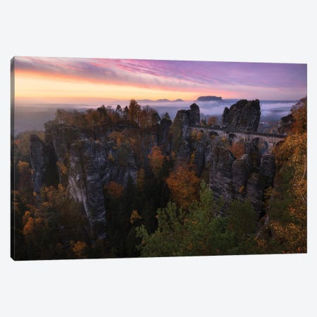 Colorful Fall Sunrise At The Bastei In East Germany Canvas Print #DGG216} by Daniel Gastager Canvas Wall Art
