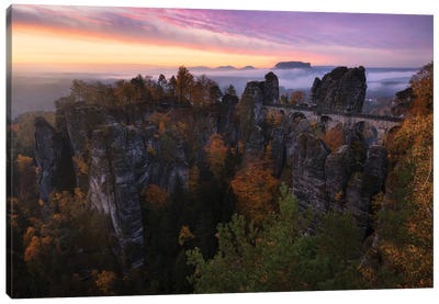 Colorful Fall Sunrise At The Bastei In East Germany Canvas Art Print - Daniel Gastager