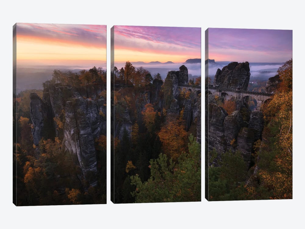 Colorful Fall Sunrise At The Bastei In East Germany by Daniel Gastager 3-piece Canvas Wall Art