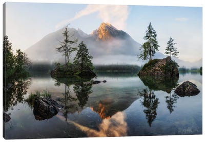 First Light At The Lake In The Alps Canvas Art Print - Daniel Gastager
