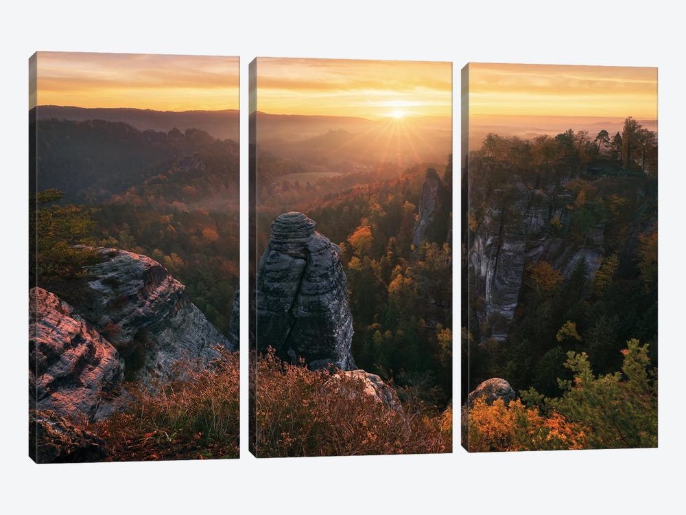 Golden Fall Sunrise In Eastern Germany by Daniel Gastager 3-piece Canvas Art Print