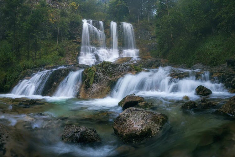 Misty Morning At A Waterfall In Bavaria