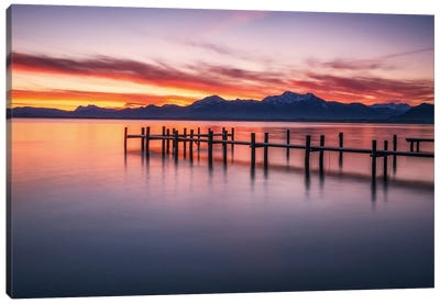 Red Sunrise At Lake Chiemsee In Bavaria Canvas Art Print