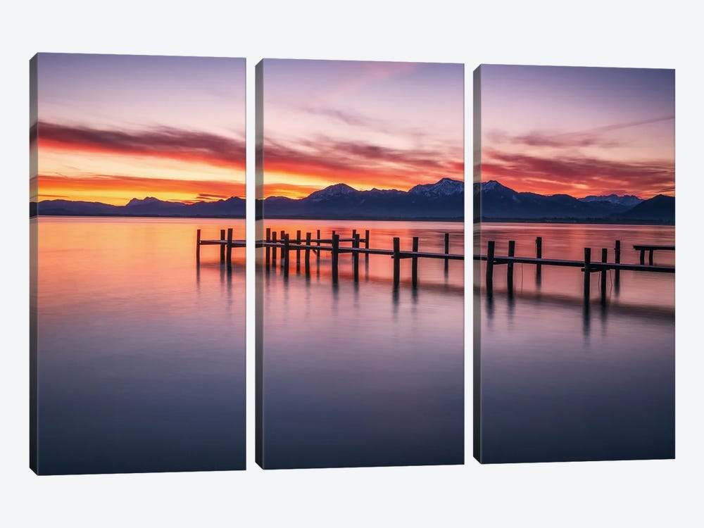 Red Sunrise At Lake Chiemsee In Bavaria by Daniel Gastager 3-piece Canvas Print