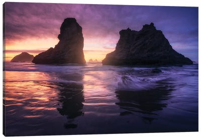 Bandon Beach Sea Stacks At Sunset Canvas Art Print - Oregon Art