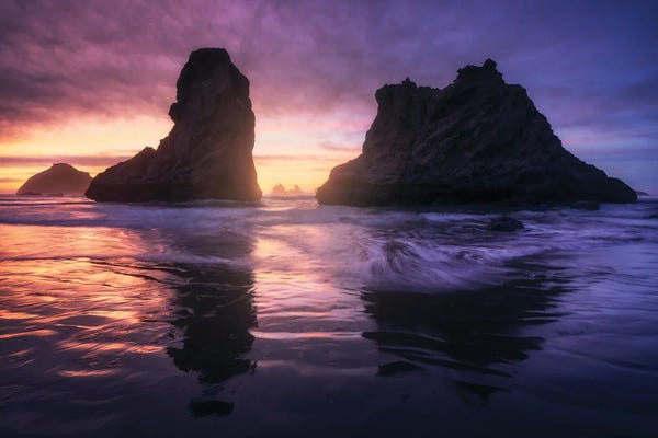 Oregon: Bandon Beach Sea Stacks At Sunset by Daniel Gastager