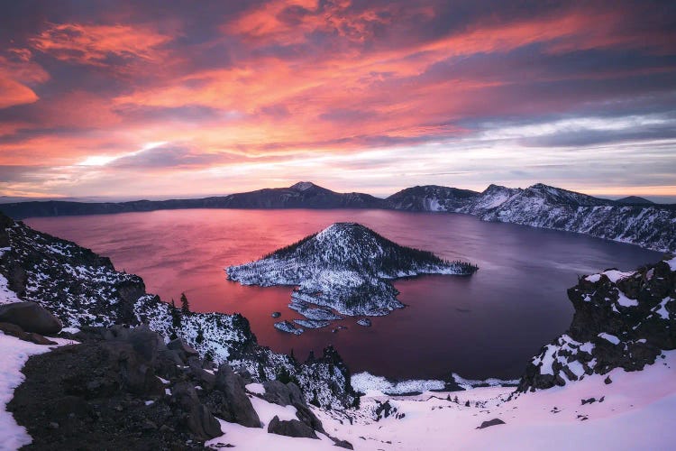 Burning Winter Sunrise At Crater Lake