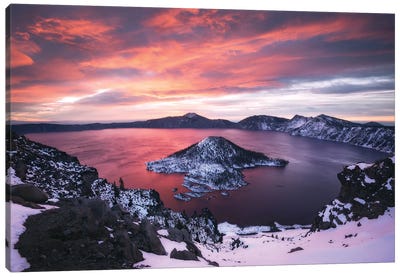 Burning Winter Sunrise At Crater Lake Canvas Art Print - Crater Lake National Park Art
