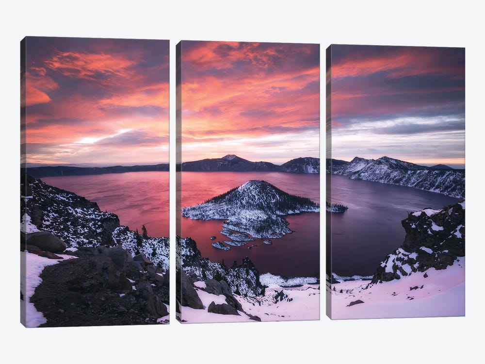 Burning Winter Sunrise At Crater Lake by Daniel Gastager 3-piece Canvas Art Print