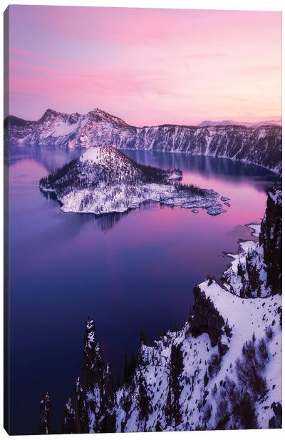 Pink Winter Sunset At Crater Lake Canvas Art Print - Crater Lake National Park Art
