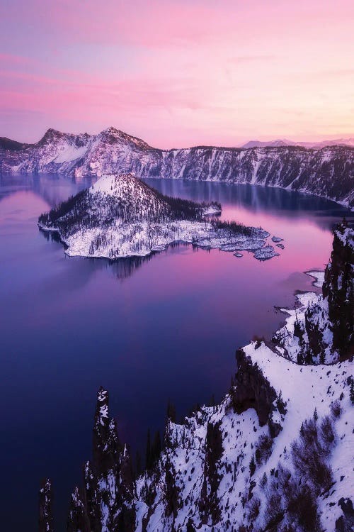 Pink Winter Sunset At Crater Lake