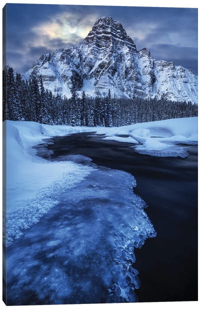 Full Moon Night At Mount Chephren In Alberta Canvas Art Print - Winter Wonderland