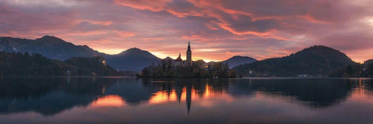 Burning Sunrise Panorama At Lake Bled In Slovenia