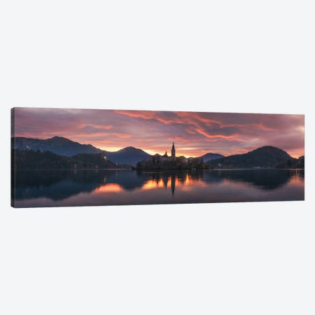 Burning Sunrise Panorama At Lake Bled In Slovenia Canvas Print #DGG346} by Daniel Gastager Canvas Artwork