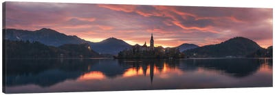 Burning Sunrise Panorama At Lake Bled In Slovenia Canvas Art Print - Slovenia