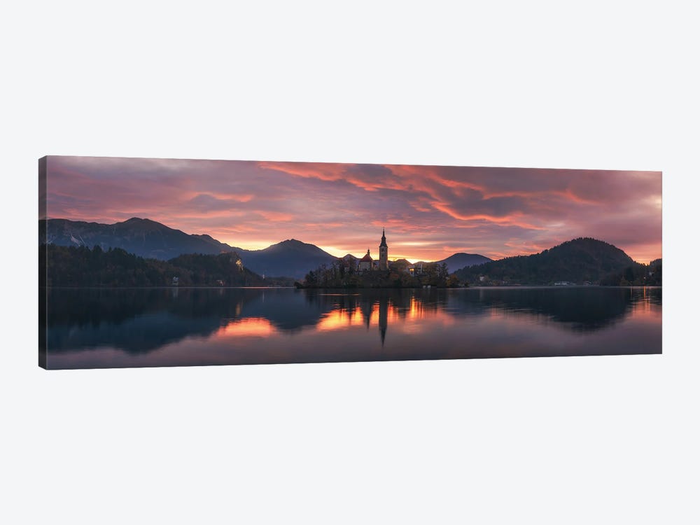 Burning Sunrise Panorama At Lake Bled In Slovenia by Daniel Gastager 1-piece Canvas Wall Art