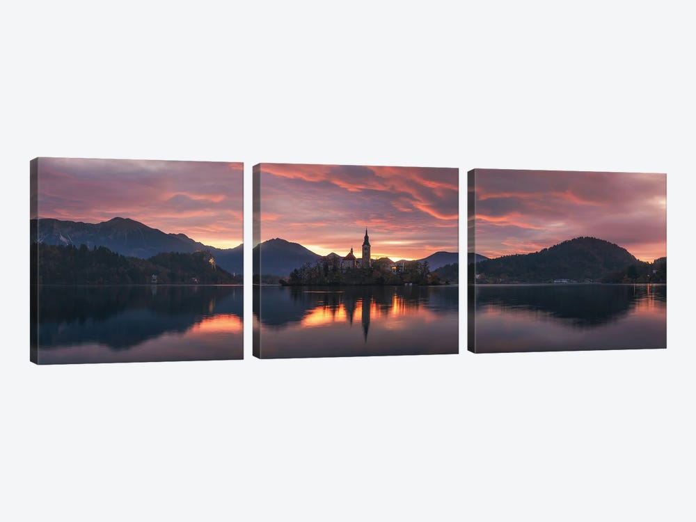Burning Sunrise Panorama At Lake Bled In Slovenia by Daniel Gastager 3-piece Canvas Wall Art